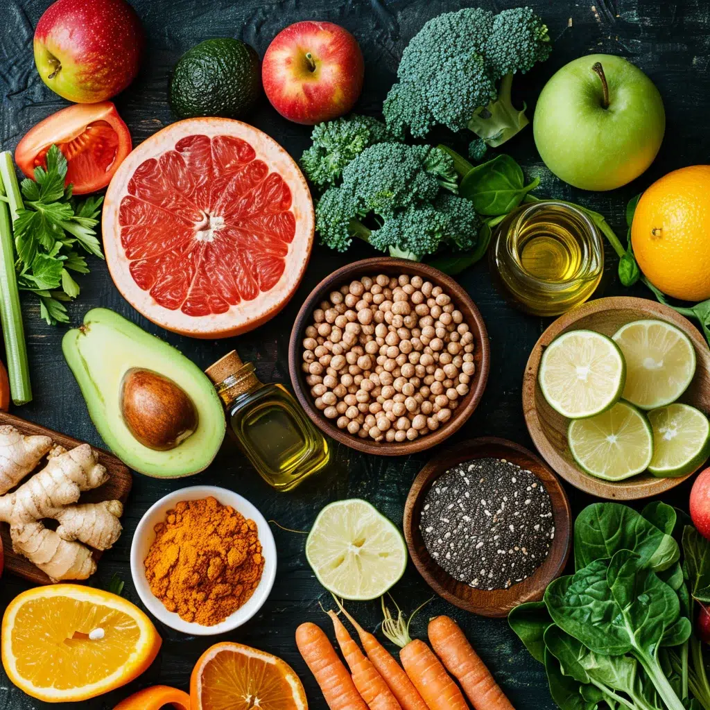 Healthy fruits, vegetables, and plant-based proteins on a rustic table